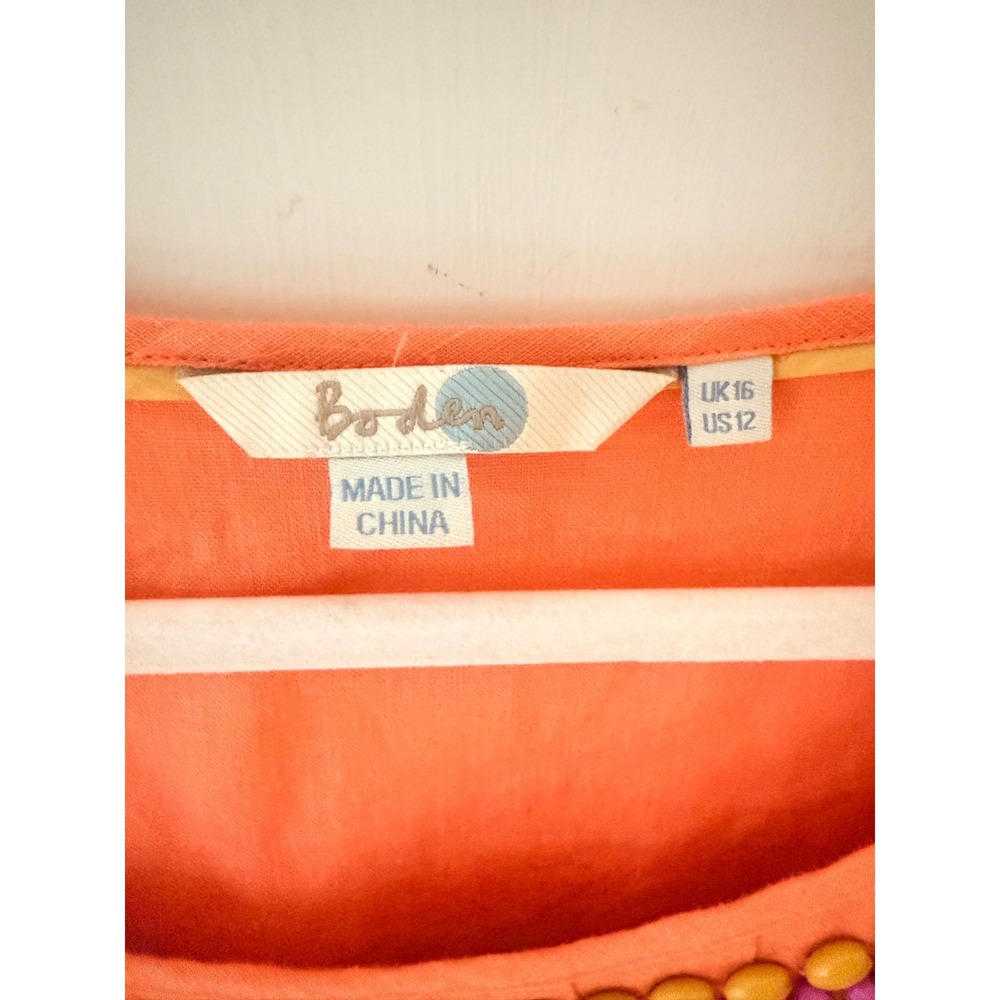 Boden Vibrant Orange Intricate Linen Beaded Neckline Blouse 3/4 Boho Top - Picture 11 of 12